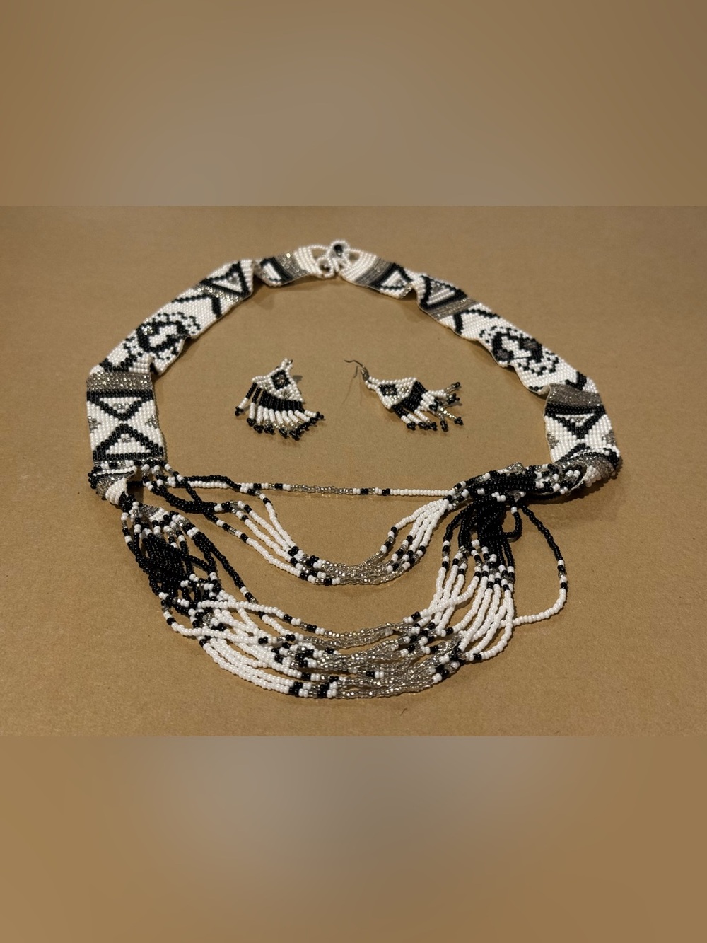 Handmade Black & White Beaded Statement Necklace and Earring Set